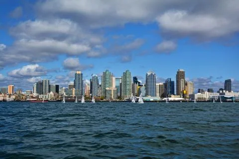 San Diego skyline taken while sailing in the San Diego Bay during the summer. Stock Photos