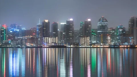 San Diego Skyline Time Lapse Reflected on Ocean Stock Footage