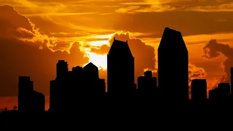 San Diego at Sunset wih Red Sun and Skyscrapers in Silhouette, California, USA Stock Footage 106995652