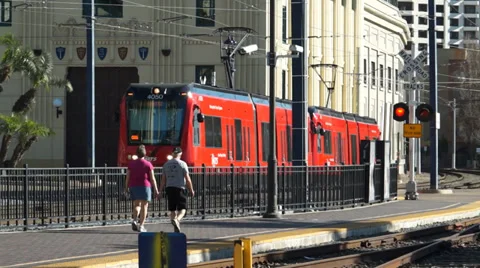 San Diego Trolley in Union Station 2 Stock Footage