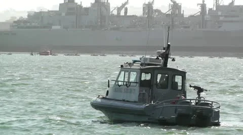 San Diego US Naval Base Security Guard Boat 02 Stock Footage