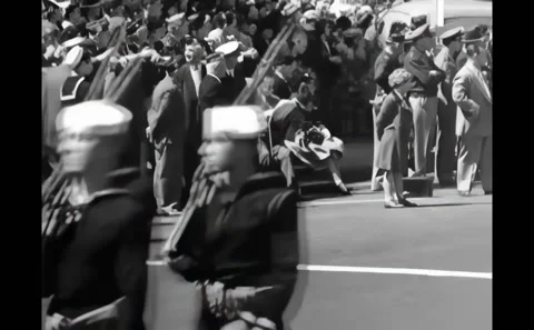 SAN FRANCISCO - 1945 - Navy troops march down the street at San Franciso Victory Stock Footage 308103189