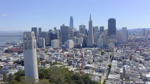San Francisco aerial downtown buildings skyline drone flying Coit Tower Stock Footage