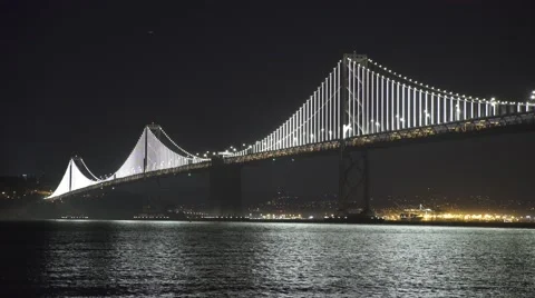 San Francisco Bay Bridge At Night from Embarcadero Stock Footage