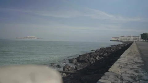 San Francisco, CA - Dec 15, 2024: Wide seaside with Alcatraz left and foreground Stock Footage 333580599