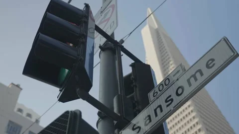 San Francisco, CA - Dec 15, 2024: Low angle Transamerica Pyramid, lights sign Stock Footage 333580800