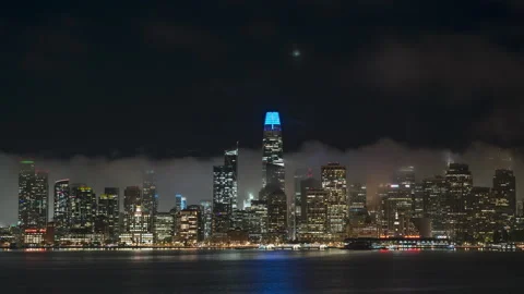 San Francisco, CA, Salesforce Tower Fog Cityscape Night Timelapse Stock Footage 187936039