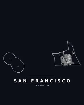 San Francisco CA Street Map Road Network Highways Dark Mode Editable Vector Stock Illustration