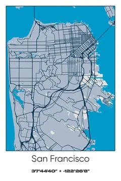San Francisco, California - vector map of city in Blue, Gray, Yellow, Olive colo Stock Illustration
