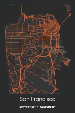 San Francisco, California - vector map of city in Gray, Black, Orange colors Stock Illustration
