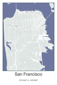 San Francisco, California - vector map of city in Gray, Blue, Green, White color Stock Illustration