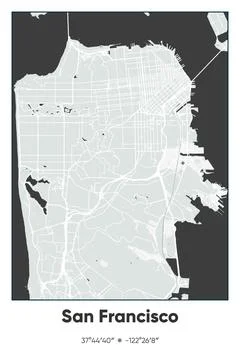 San Francisco, California - vector map of city in Gray, Black, White colors Stock Illustration