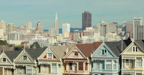 San Francisco downtown buildings skyline over townhouses Stock Footage