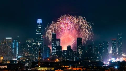 San Francisco downtown skyline visible against the New Year's Day Fireworks S Stock Photos