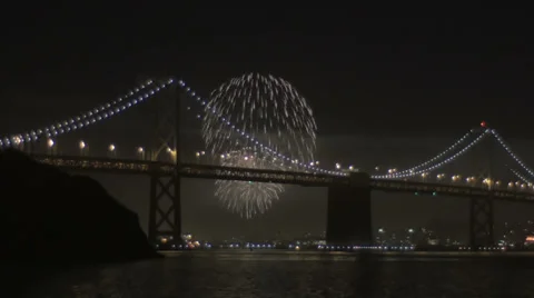 San Francisco Fireworks over Bay Bridge 1 Stock Footage