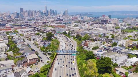 San Francisco Freeway Aerial View With Downtown Skyline and Bay Bridge Stock Footage 335347338