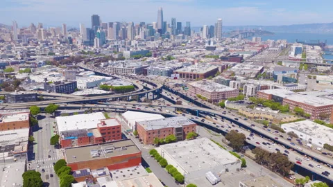 San Francisco Freeway Interchange Rotating Aerial With Downtown Skyline Stock Footage 335347354