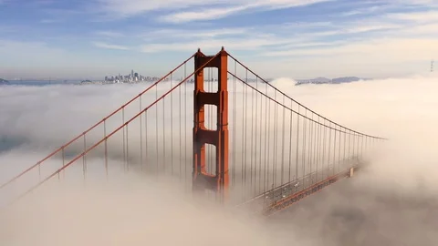 San Francisco Golden Gate Bridge In Thick Fog - Aerial View / Flyover Stock Footage