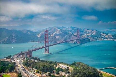 San Francisco Golden Gate Bridge, aerial view from helicopter on a clear sunn Stock Photos