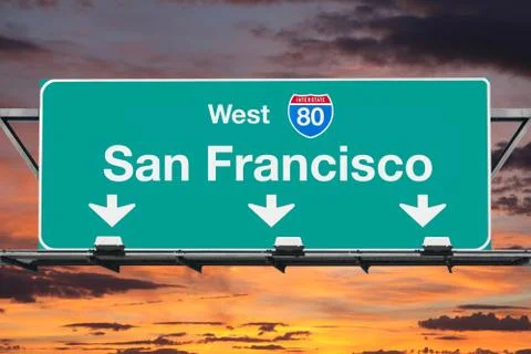 San Francisco Interstate 80 West Highway Sign with Sunrise Sky Stock Photos