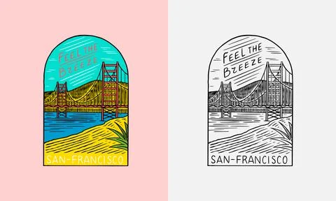 San Francisco landscape emblem. Summer Surf logo. Red bridge and blue sky Stock Illustration