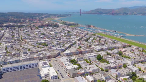 San Francisco Marina Aerial Pullback View With Golden Gate Bridge and Bay 01 Stock Footage 335437814