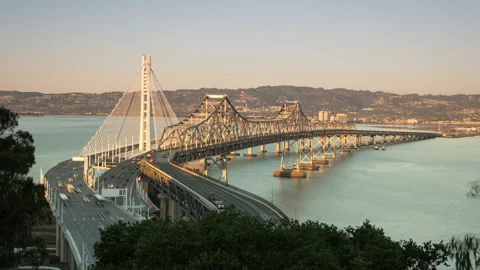 San Francisco Oakland Bay Bridge Cinematic Time-Lapse Shot with Colorful Sunset Stock Footage