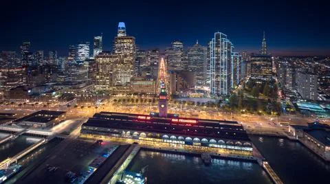 San Francisco Skyline Aerial View at Night Stock Photos