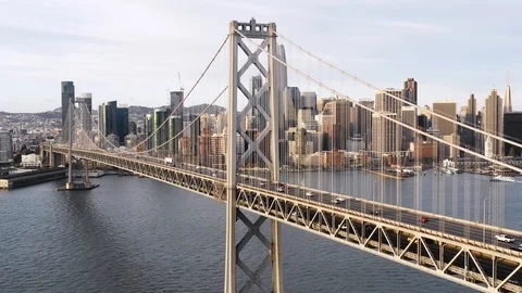 San Francisco Skyline & Bay Bridge at Sunrise Stock Footage