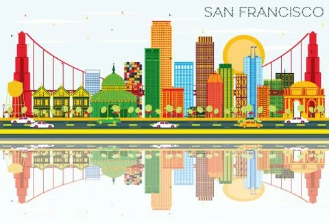 San Francisco Skyline with Color Buildings, Blue Sky and Reflections. Stock Illustration