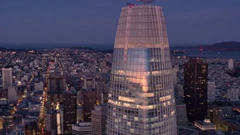 San Francisco skyline at dusk, featuring the Salesforce Tower.  USA Stock Footage 313768058