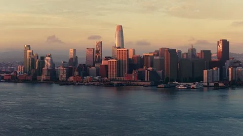 San Francisco Skyline Featuring Salesforce Tower And Waterfront At Sunset Stock Footage 345398946