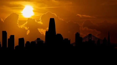 San Francisco Skyline at Sunset, Time Lapse with Red Sun and Fiery Sky, USA Stock Footage 249871896