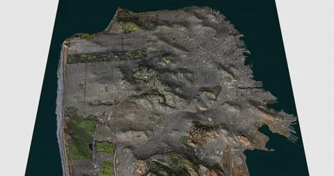 San Francisco south to north map with 3d relief 4K satellite ground top height Video stock 217536609