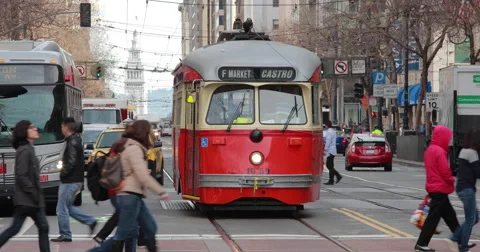 San Francisco streetcar running on Market Street Stock Footage