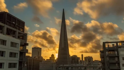 San Francisco. Transamerica Pyramid. Timelapse. Sunset clouds. America. USA Stock Footage