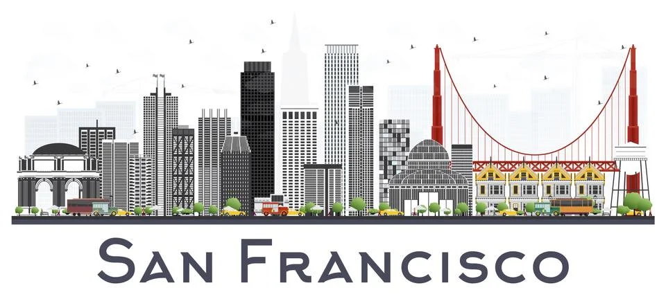 San Francisco USA City Skyline with Gray Buildings Isolated on White. Stock Illustration