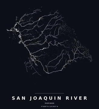 San Joaquin River Basin Watershed Map Line Art Dark Poster Stock Illustration
