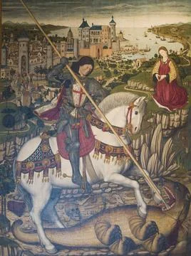  San Jorge y el dragon.(1468-1470) Pere Niçard. Óleo y temple sobre tabla.. Stock Photos