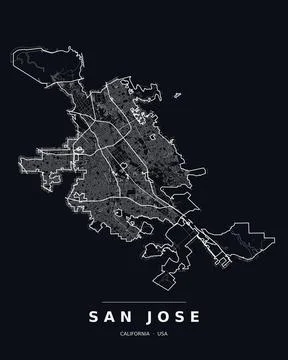 San Jose CA Street Map Road Network Highways Dark Mode Editable Vector Stock Illustration