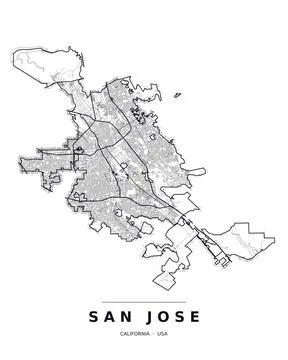 San Jose CA Street Map Road Network Highways Black White Editable Vector Stock Illustration