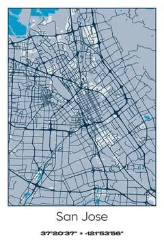 San Jose, California - vector map of city in Blue, Gray, Yellow, Olive colors Stock Illustration