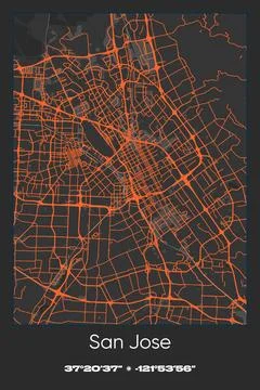 San Jose, California - vector map of city in Gray, Black, Orange colors Stock Illustration