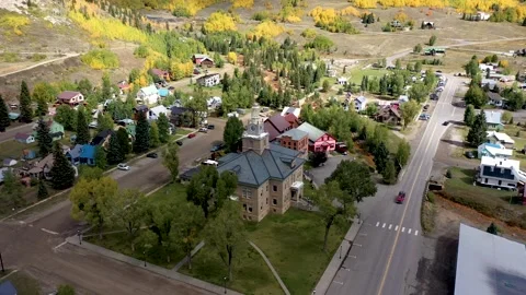 San Juan County Courthouse in Silverton, Colorado Aerial Drone Shot Stock Footage 318050404
