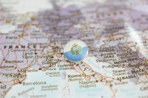 San Marino flag drawing pin on the map Stock Photos