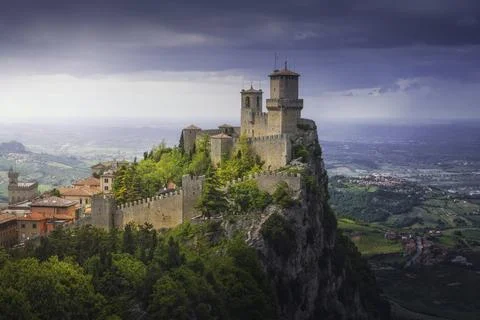 San Marino, Guaita tower on the Titano mount and panoramic view of Romagna Stock Photos