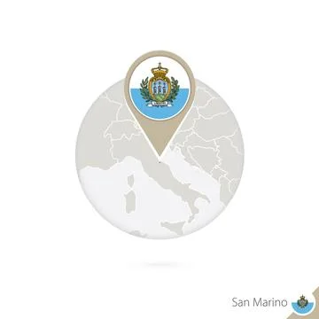 San Marino map and flag in circle. Map of San Marino, San Marino flag pin. .. Stock Illustration