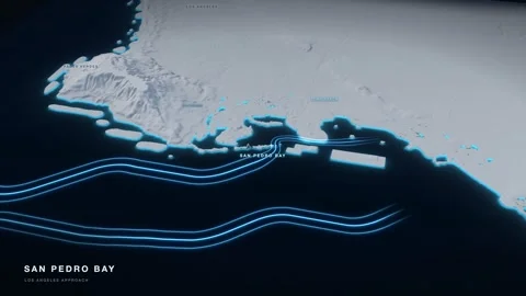 San Pedro Bay 3D White Terrain Relief Map With Glowing Shipping Route 動画素材 344020502