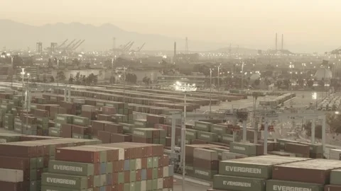 San Pedro, CA, USA. August 29, 2025: Large shipping containers yard Video stock 315914745