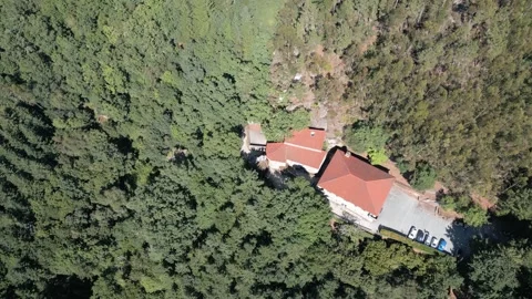 San Pedro de Rocas Monastery Amid Ribeira Sacra Forest Ascending, Aerial Stock-Footage 344339474